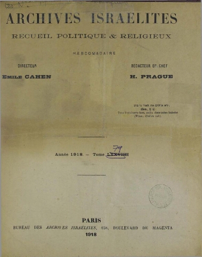 Archives israélites de France. Vol.79 N° Table des Matières